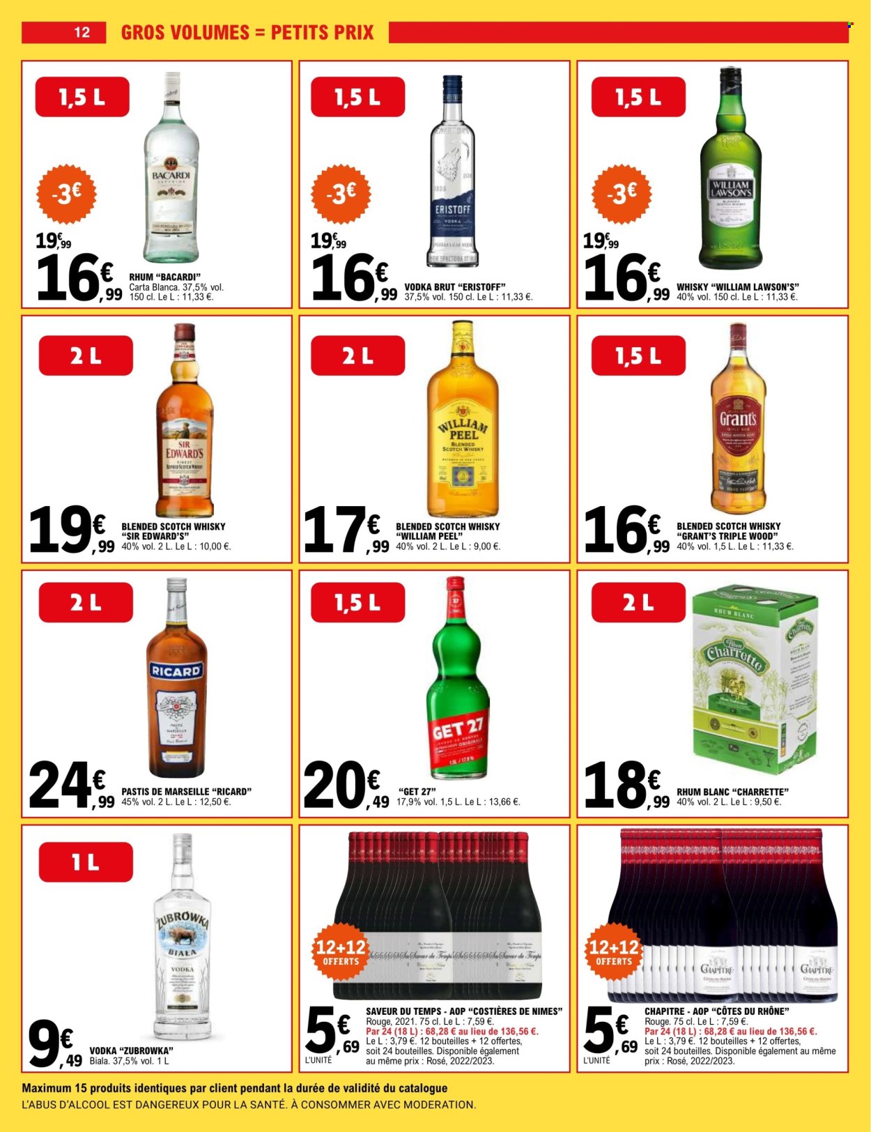 thumbnail - Catalogue E.Leclerc - 26/04/2024 - 12/05/2024 - Produits soldés - alcool, Côtes du Rhône, vin, vodka, whisky, rhum, rhum blanc, pastis, liqueur, William Lawson's. Page 12.