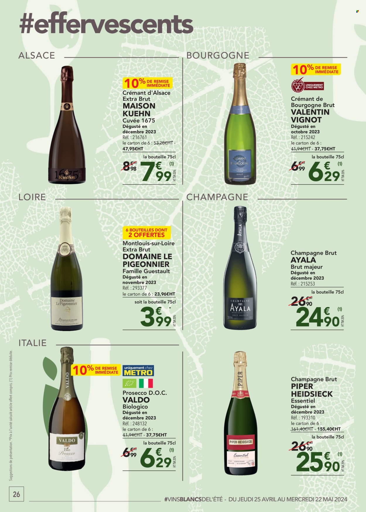 thumbnail - Catalogue Metro - 25/04/2024 - 22/05/2024 - Produits soldés - alcool, Crémant d’Alsace, champagne, Prosecco, Crémant de Bourgogne, vin pétillant, bourgogne. Page 26.