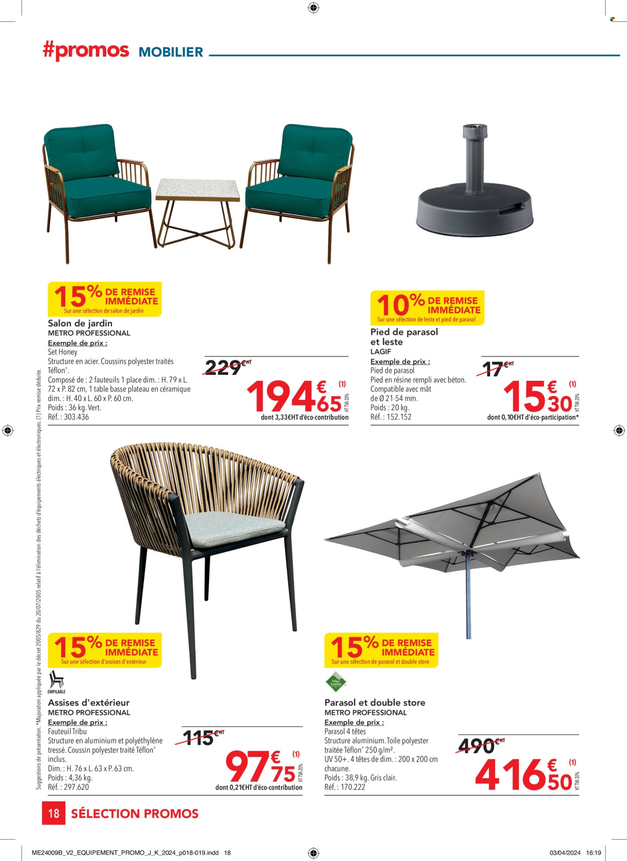 thumbnail - Catalogue Metro - 25/04/2024 - 22/05/2024 - Produits soldés - coussin, table, salon de jardin, table basse, fauteuil, pied de parasol. Page 18.