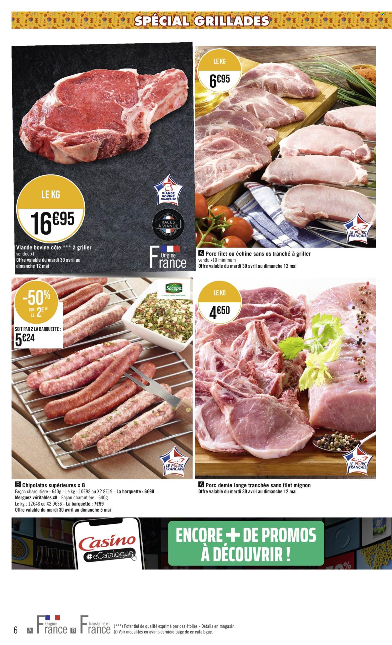 thumbnail - Catalogue Casino hyperFrais - 30/04/2024 - 12/05/2024 - Produits soldés - filet mignon, viande, viande boeuf, merguez, chipolata. Page 6.
