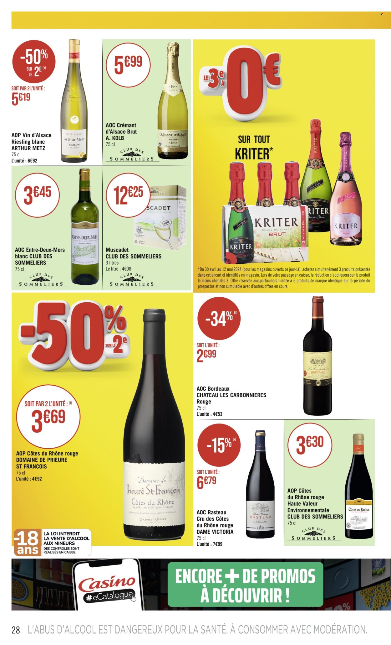 thumbnail - Catalogue Casino hyperFrais - 30/04/2024 - 12/05/2024 - Produits soldés - alcool, Bordeaux, Côtes du Rhône, Crémant d’Alsace, champagne, vin blanc, vin d’Alsace, vin rouge, vin, Riesling, vin pétillant. Page 28.