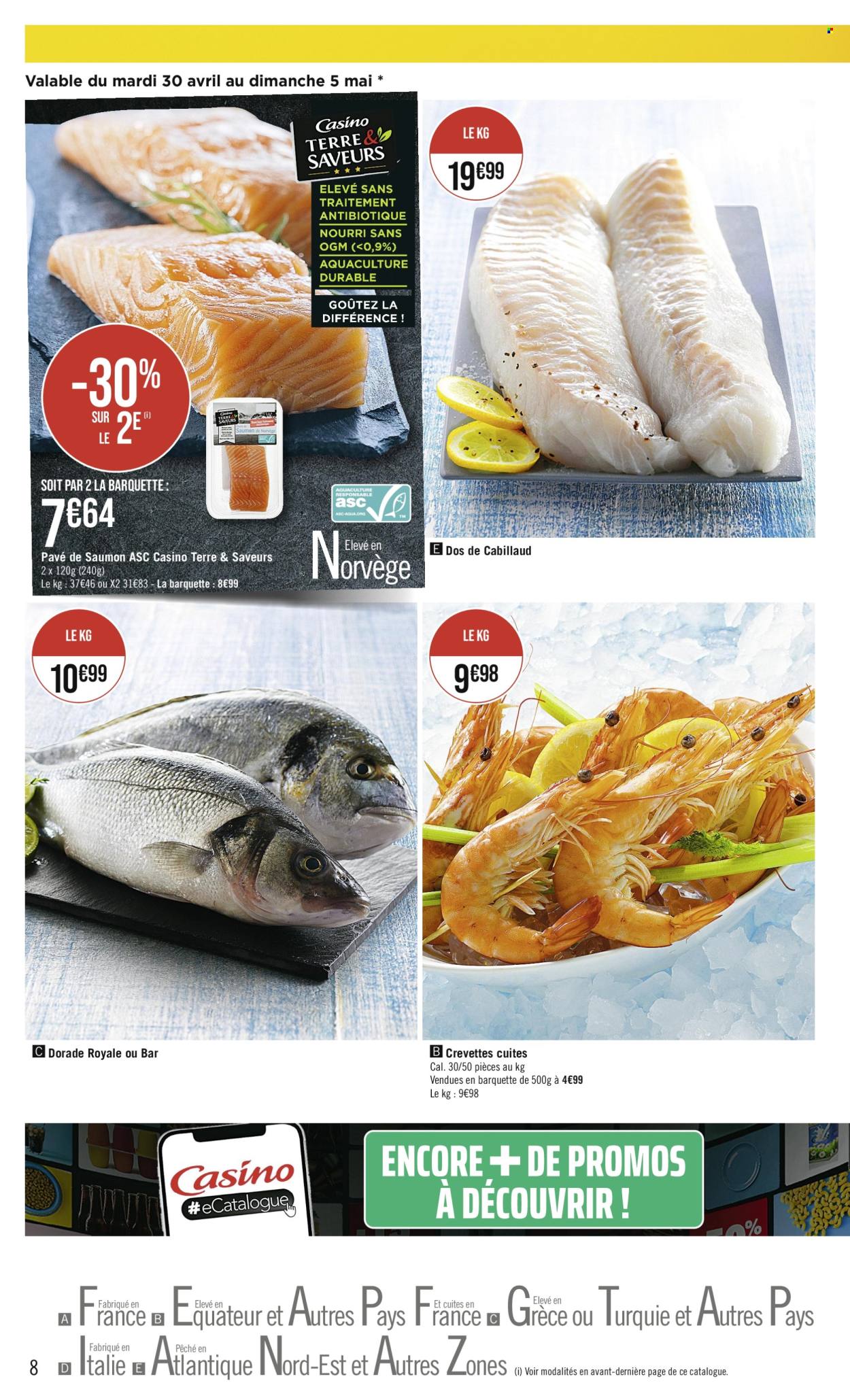 thumbnail - Catalogue Casino Supermarchés - 30/04/2024 - 12/05/2024 - Produits soldés - saumon, cabillaud, crevettes, dorade, poisson. Page 8.