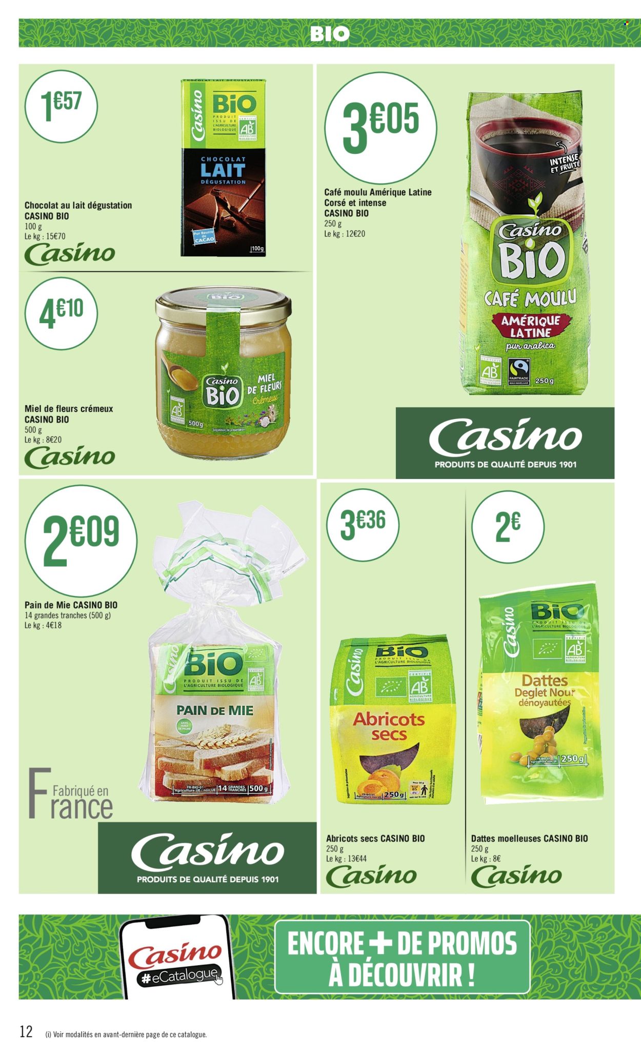 thumbnail - Catalogue Casino Supermarchés - 30/04/2024 - 12/05/2024 - Produits soldés - pain, pain de mie, chocolat au lait, chocolat, miel, datte, café, café moulu. Page 12.