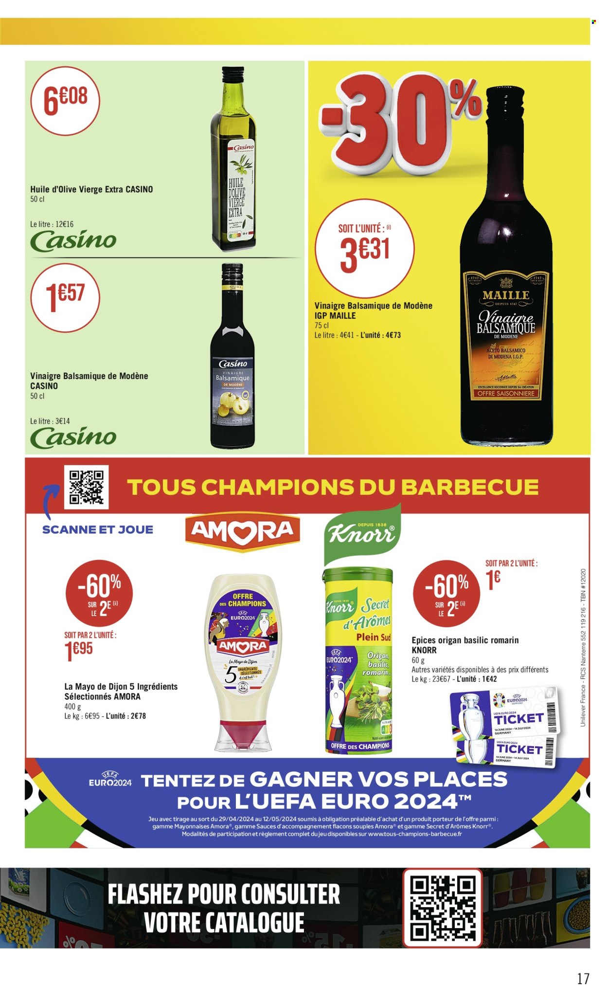 thumbnail - Catalogue Casino Supermarchés - 30/04/2024 - 12/05/2024 - Produits soldés - Knorr, épices, basilic, origan, romarin, Maille, huile, huile d'olive vierge extra, vinaigre, huile d'olive, vinaigre balsamique. Page 17.