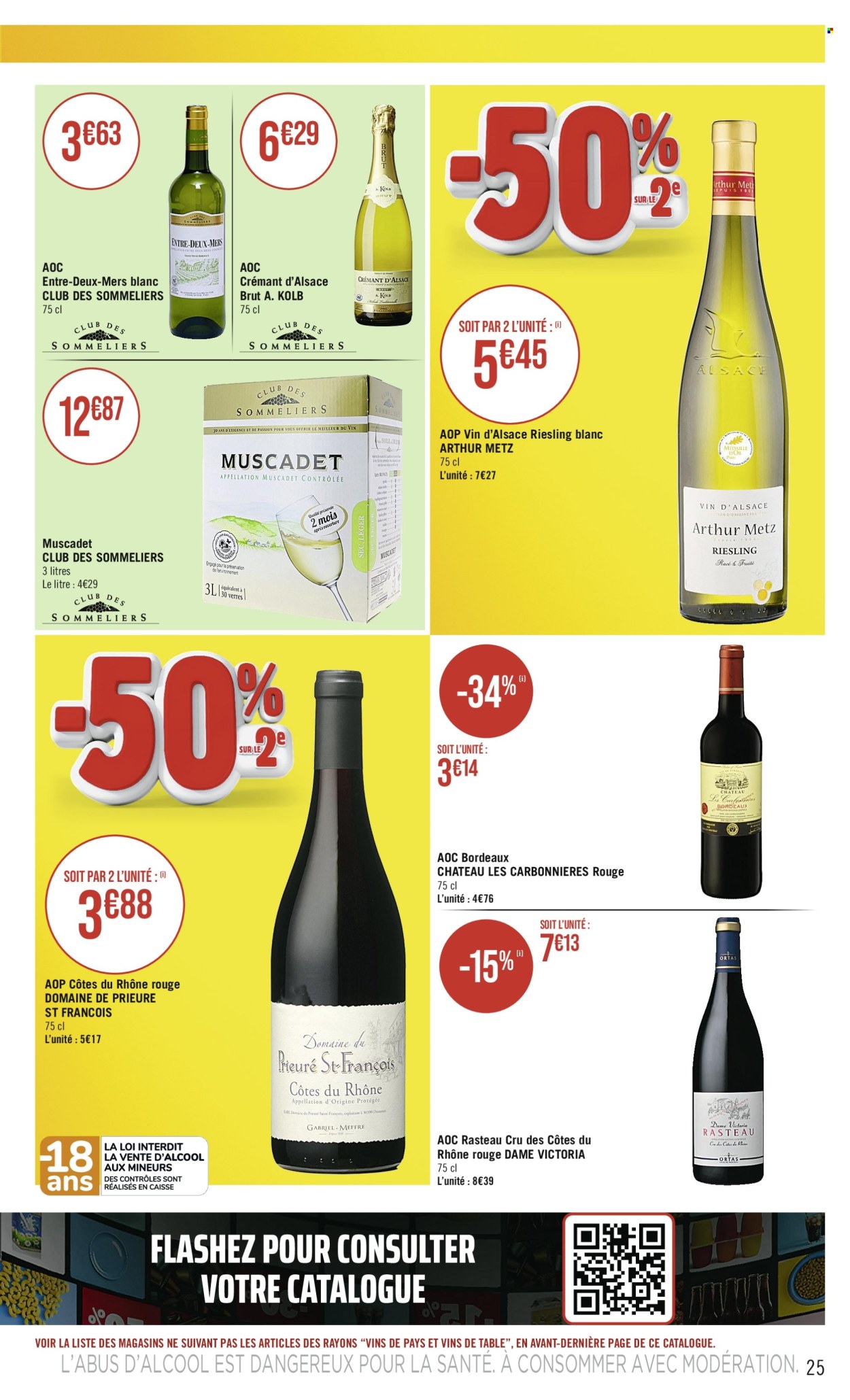 thumbnail - Catalogue Casino Supermarchés - 30/04/2024 - 12/05/2024 - Produits soldés - alcool, Bordeaux, Côtes du Rhône, Crémant d’Alsace, champagne, vin blanc, vin d’Alsace, vin rouge, vin, Riesling, vin pétillant. Page 25.