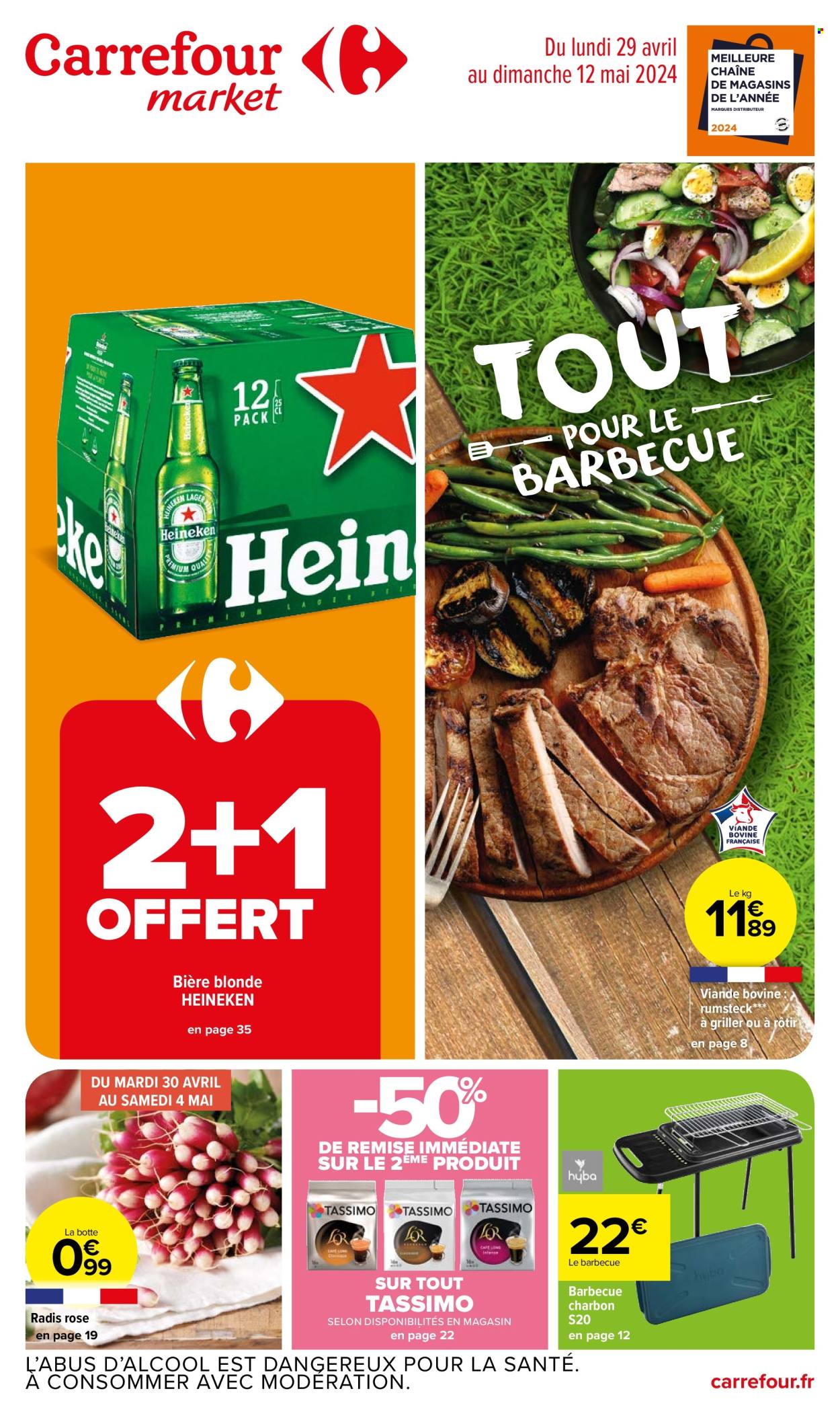 thumbnail - Catalogue Carrefour - 29/04/2024 - 12/05/2024 - Produits soldés - bière, bière blonde, alcool, Heineken, viande, viande boeuf, barbecue. Page 1.