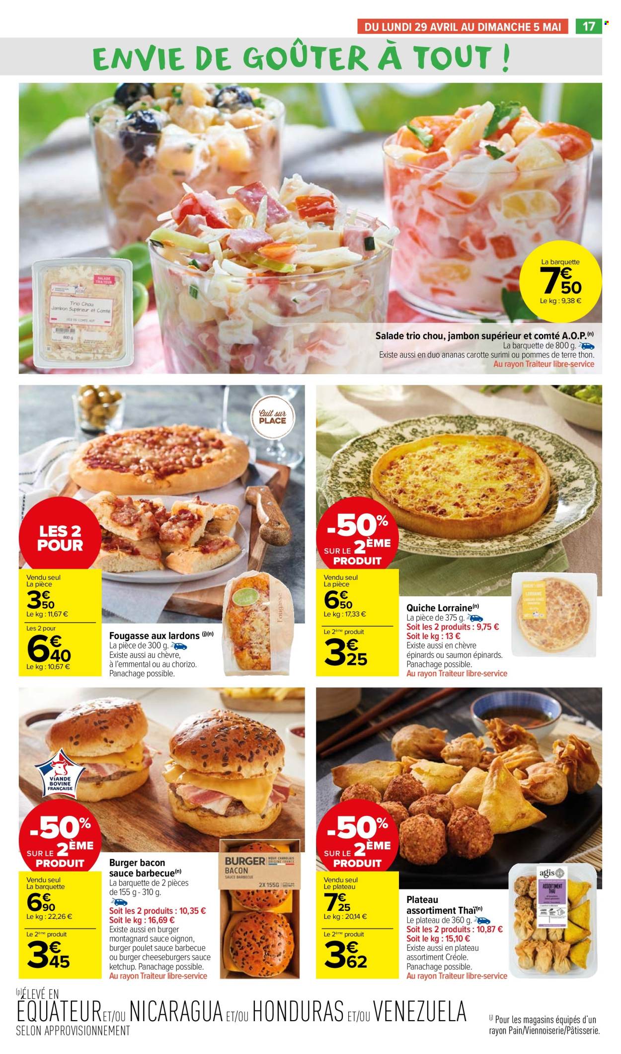 thumbnail - Catalogue Carrefour - 29/04/2024 - 12/05/2024 - Produits soldés - salade, chou, Comté, fromage, fromage à pâte dure, fougasse, quiche, bacon, sauce barbecue, plat cuisiné. Page 19.