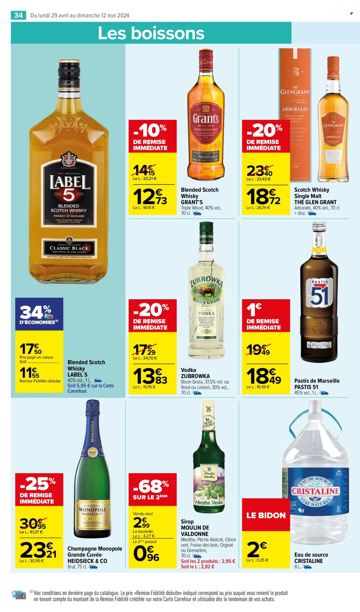 thumbnail - Catalogue Carrefour - 29/04/2024 - 12/05/2024 - Produits soldés - alcool, whisky, vodka, pastis, champagne, sirop, eau de source, Cristaline. Page 36.