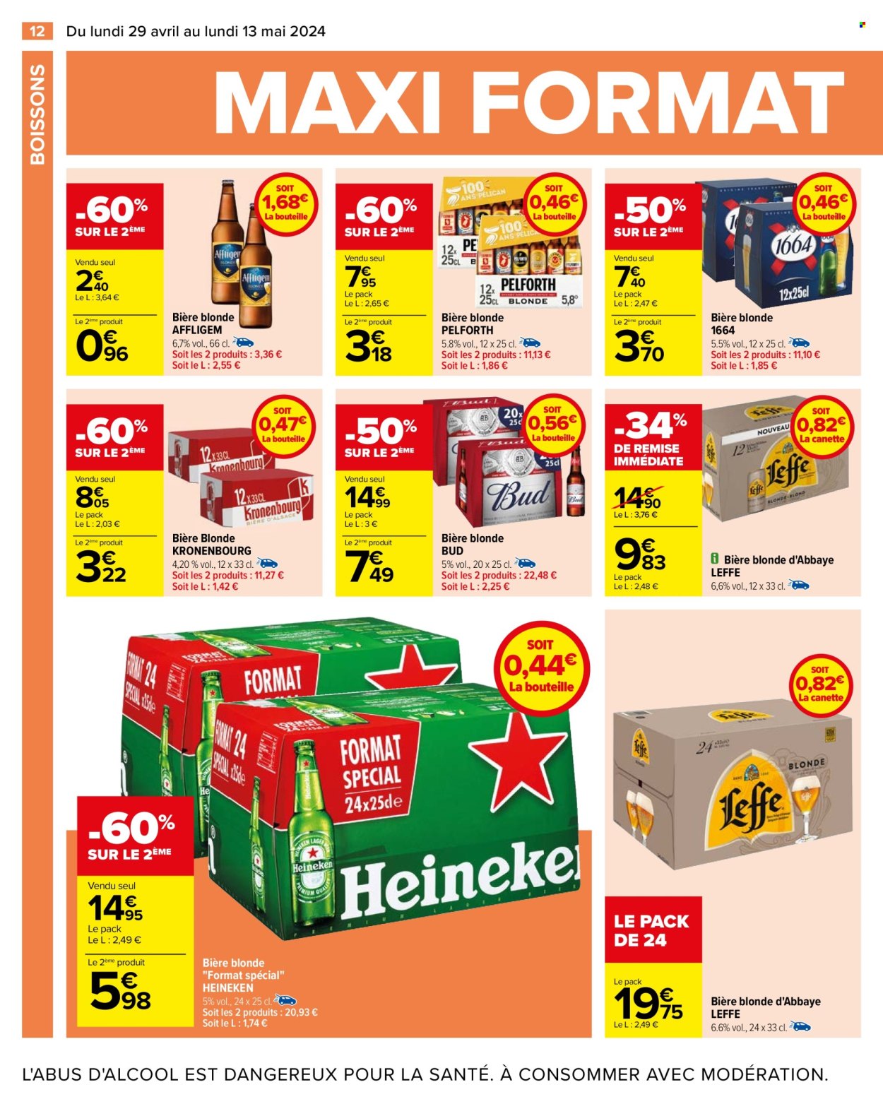 thumbnail - Catalogue Carrefour Hypermarchés - 29/04/2024 - 13/05/2024 - Produits soldés - bière, bière blonde, alcool, 1664, Leffe, Heineken. Page 16.