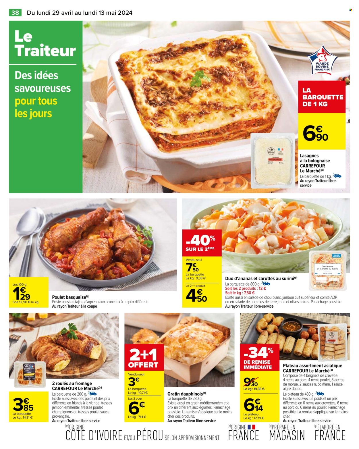 thumbnail - Catalogue Carrefour Hypermarchés - 29/04/2024 - 13/05/2024 - Produits soldés - lasagnes, plat cuisiné, salade, Roulés Au Fromage, gratins de pommes, plateau assortiment asiatique. Page 42.