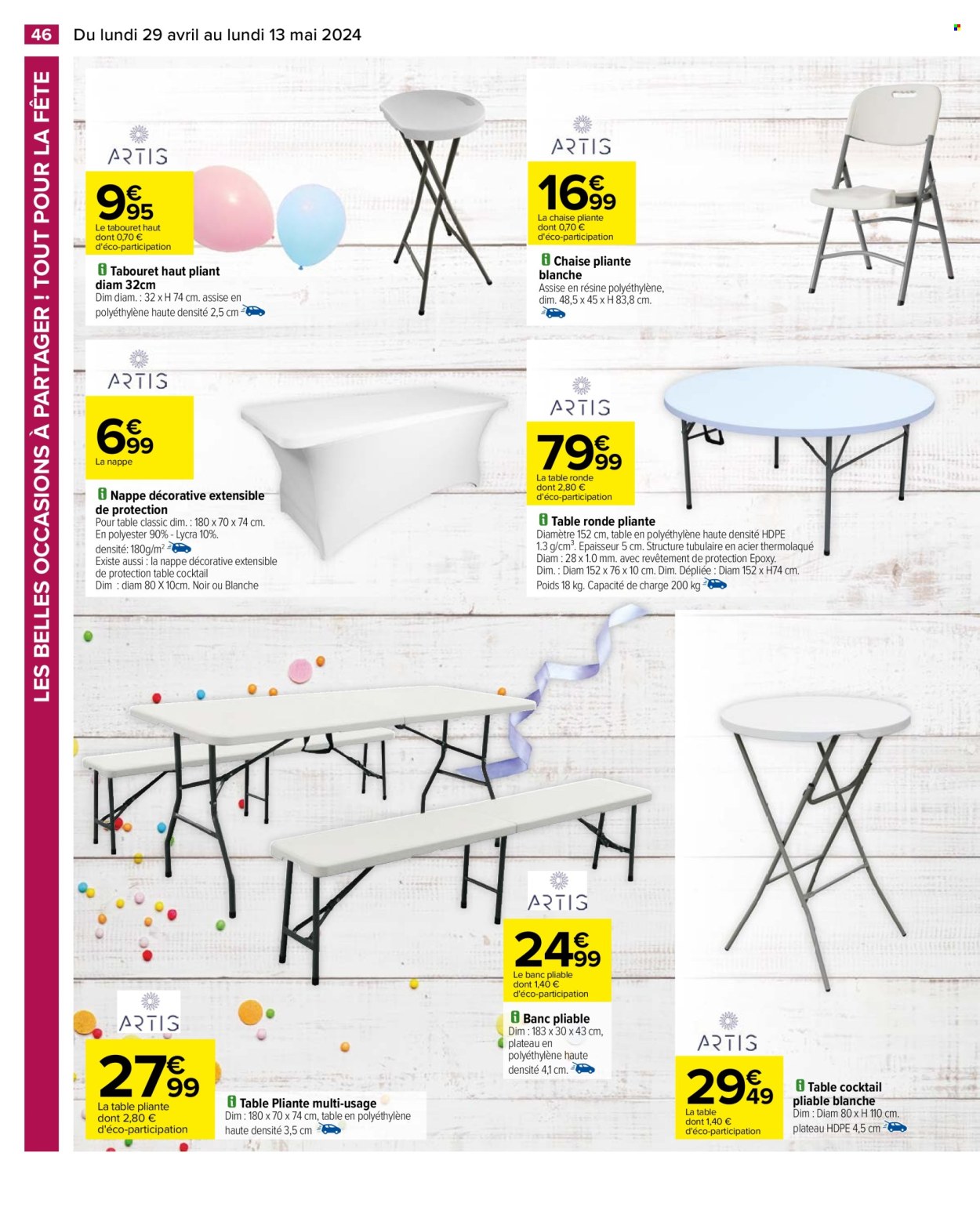 thumbnail - Catalogue Carrefour Hypermarchés - 29/04/2024 - 13/05/2024 - Produits soldés - chaise, chaise pliante, nappe, table, table ronde, banc, table pliante. Page 50.