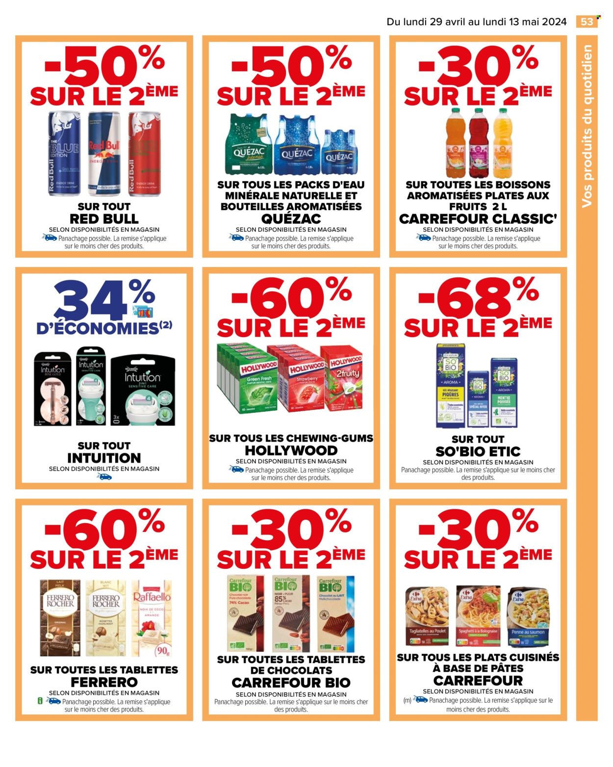 thumbnail - Catalogue Carrefour Hypermarchés - 29/04/2024 - 13/05/2024 - Produits soldés - Red Bull, eau minérale naturelle, Quézac, chocolat, plat cuisiné. Page 57.