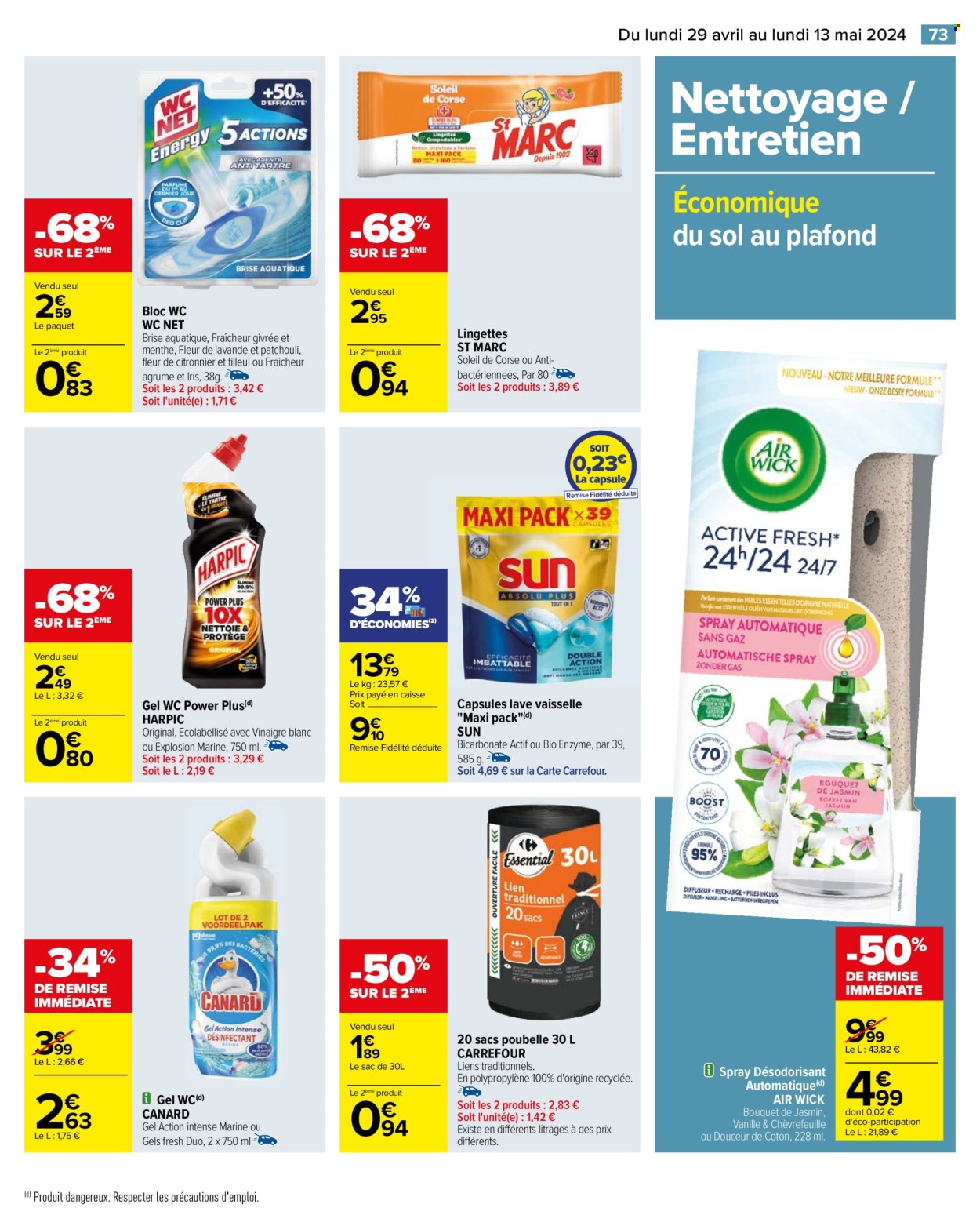 thumbnail - Catalogue Carrefour Hypermarchés - 29/04/2024 - 13/05/2024 - Produits soldés - WC net, bloc nettoyant WC, lingettes, desodorisant, Air Wick, nettoyant gel WC, tablettes lave-vaisselle, sacs poubelles. Page 77.