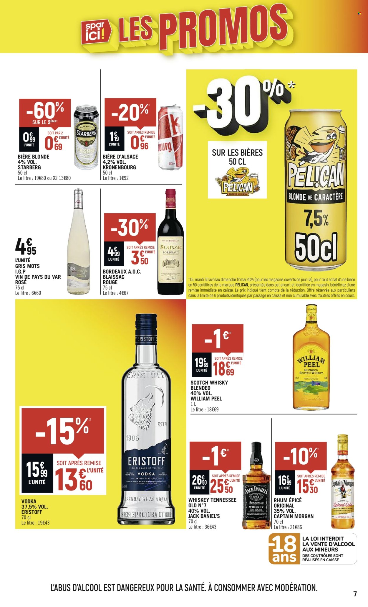thumbnail - Catalogue SPAR - 30/04/2024 - 12/05/2024 - Produits soldés - bière blonde, Bordeaux, vin, Captain Morgan, vodka, whisky, rhum, Jack Daniel. Page 7.