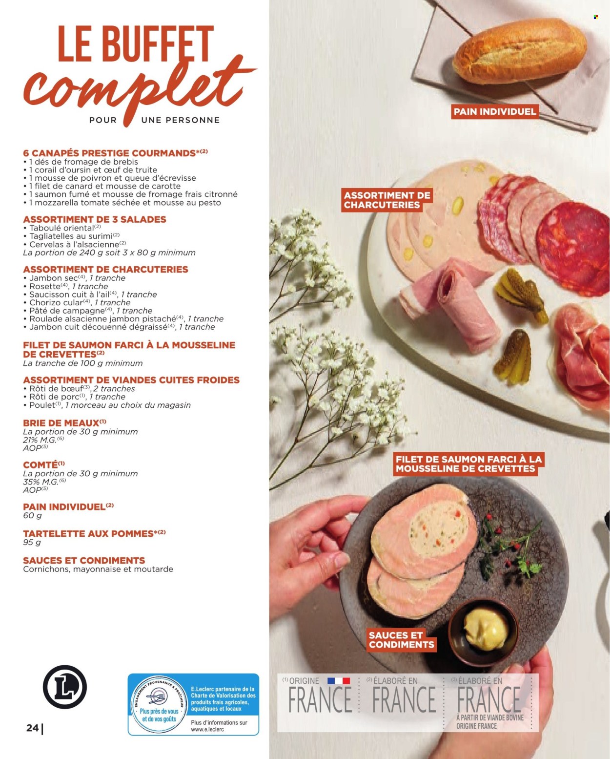 thumbnail - Catalogue E.Leclerc - 06/05/2024 - 31/12/2024 - Produits soldés - rôti de porc, viande de porc, viande, salade, pain, filet de canard, viande de canard, rôti de bœuf, viande boeuf, crevettes, truite, surimi, pavés de saumon, filet de poisson, pâtes, saumon farci, jambon, chorizo, jambon sec, rosette, charcuterie, cervelas, saucisson, pâté de campagne, saumon fumé, Brie, fromage, fromage frais, mozzarella, cornichons, tagliatelles, buffet. Page 24.