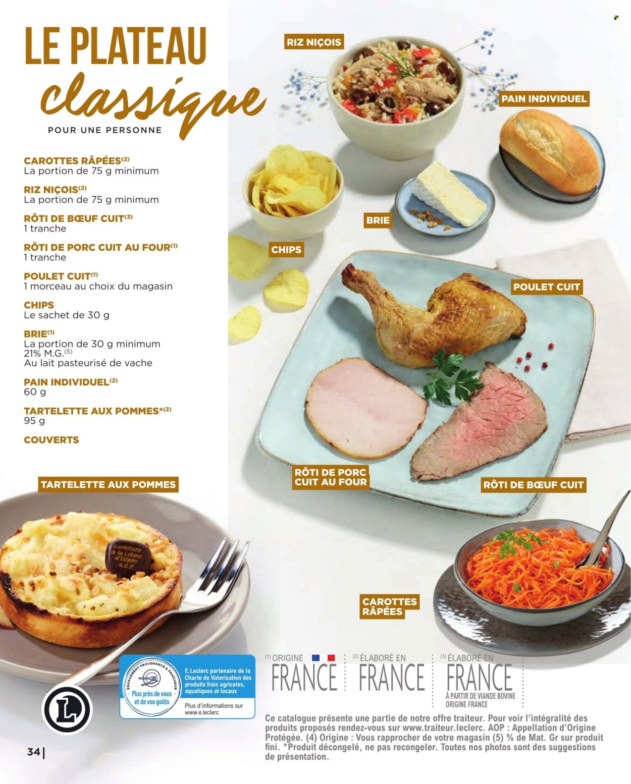 thumbnail - Catalogue E.Leclerc - 06/05/2024 - 31/12/2024 - Produits soldés - rôti de porc, viande de porc, viande, carotte, pain, rôti de bœuf, viande boeuf, Brie, fromage, chips, riz, couverts. Page 34.