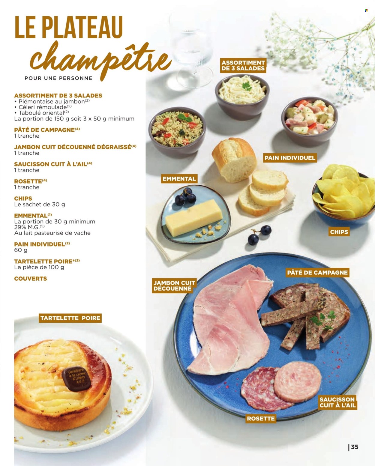 thumbnail - Catalogue E.Leclerc - 06/05/2024 - 31/12/2024 - Produits soldés - poire, salade, pain, salade prête, rosette, saucisson, pâté de campagne, emmental, crème fraîche, chips, couverts. Page 35.