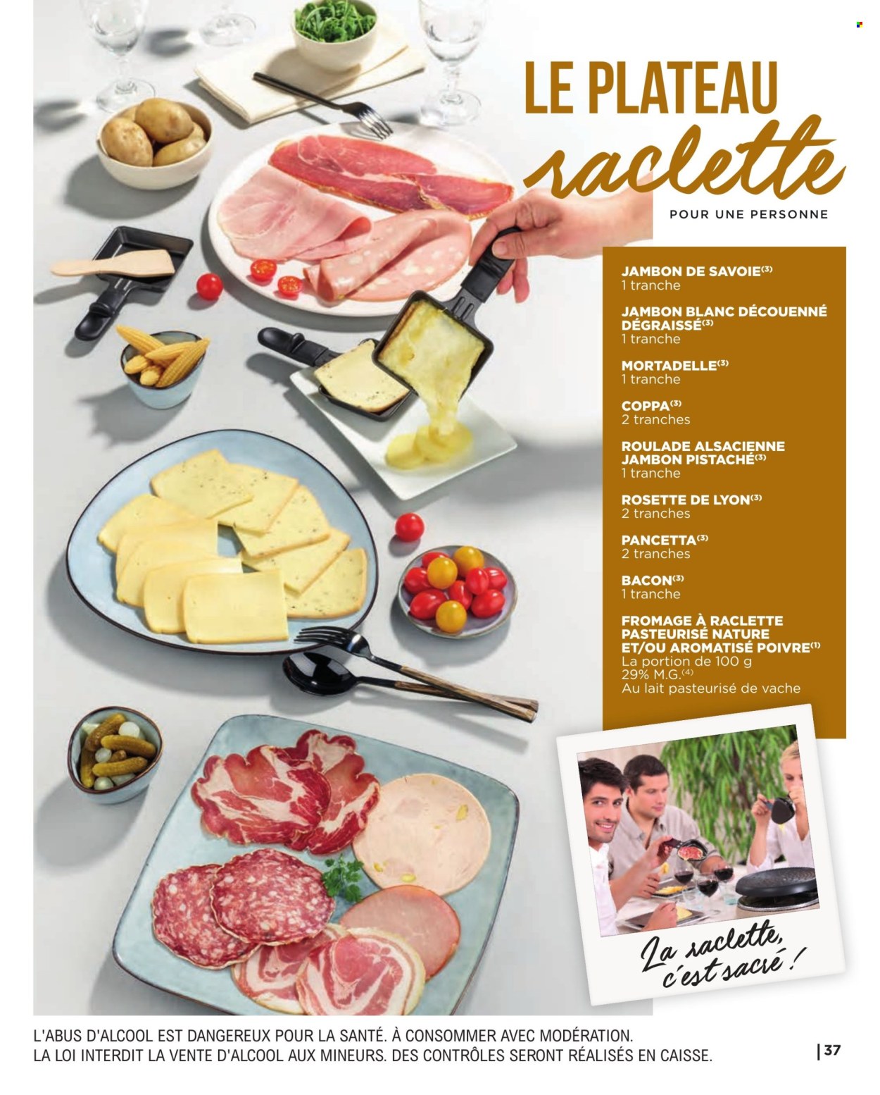 thumbnail - Catalogue E.Leclerc - 06/05/2024 - 31/12/2024 - Produits soldés - coppa, pancetta, rosette, mortadella, bacon, rosette de Lyon, jambon blanc, fromage, fromage à raclette, La Raclette. Page 37.