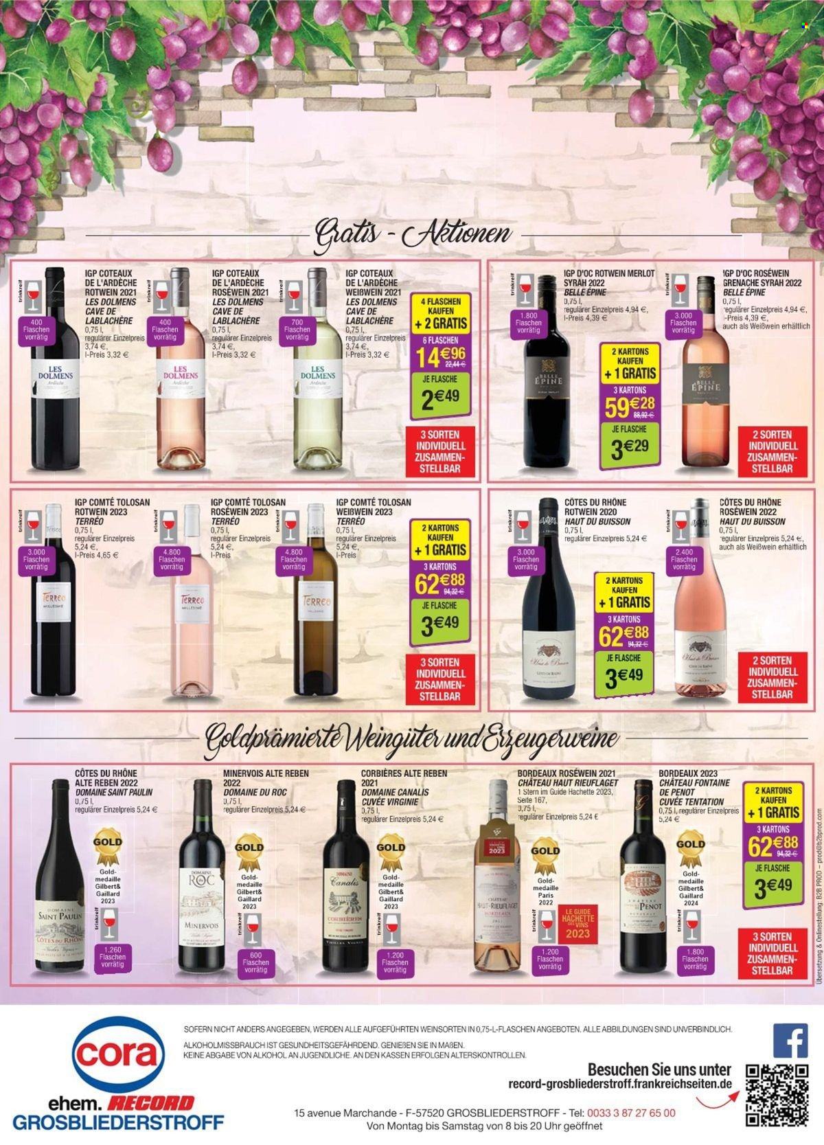 thumbnail - Catalogue Cora - 18/04/2024 - 28/08/2024 - Produits soldés - alcool, Gilbert, Bordeaux, Corbières, Côtes du Rhône, vin rouge, vin. Page 7.