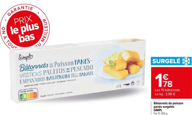 SIMPL Bâtonnets de poisson panés surgelés - Par 15, 450 g.