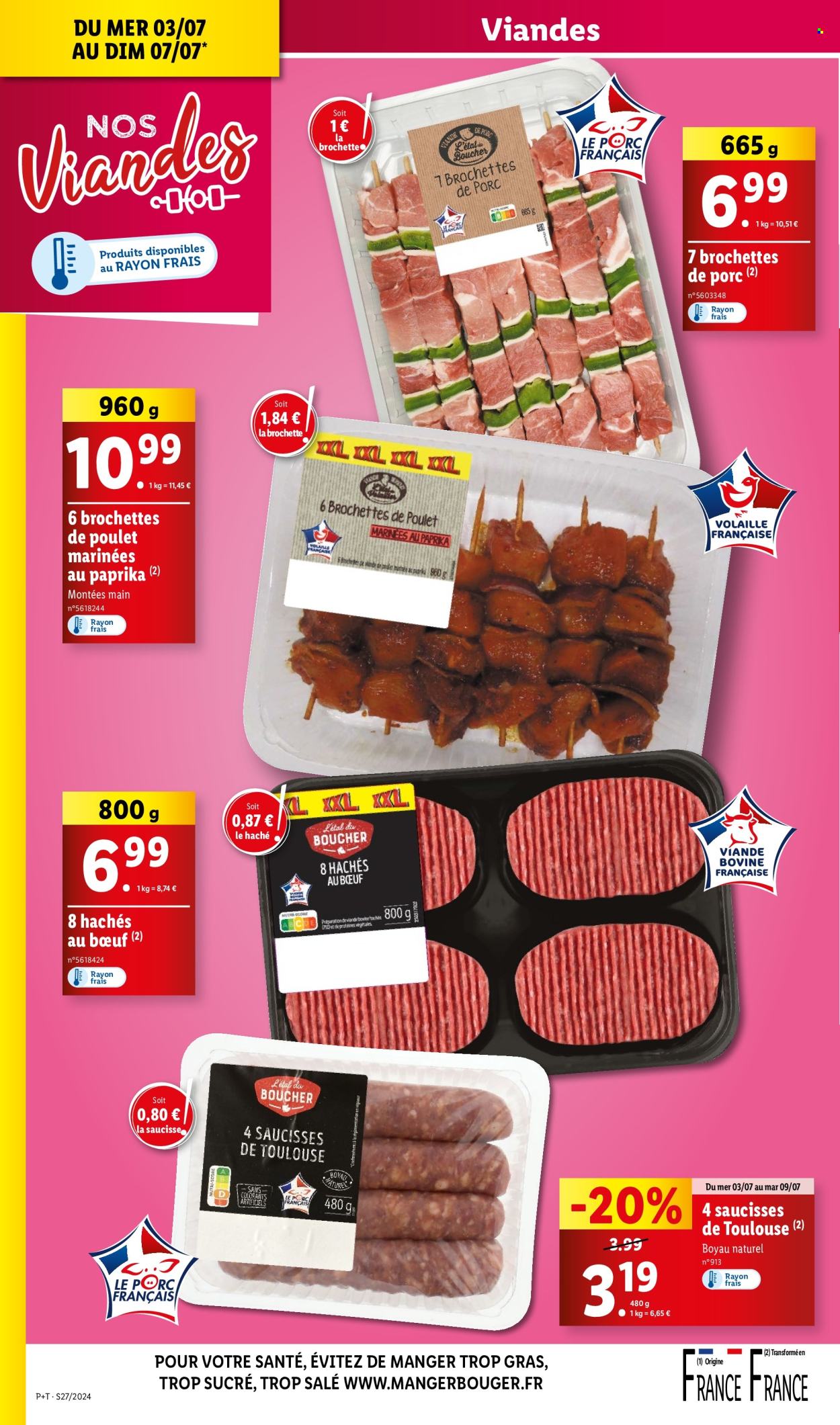 thumbnail - Catalogue Lidl - 03/07/2024 - 09/07/2024 - Produits soldés - brochettes de porc, viande de porc, viande, brochettes de poulet, viande boeuf, saucisse. Page 4.