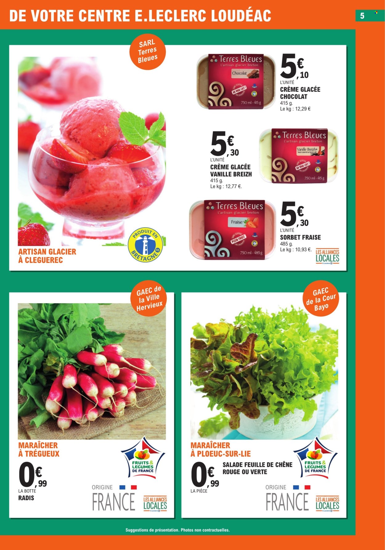 thumbnail - Catalogue E.Leclerc - 02/07/2024 - 13/07/2024 - Produits soldés - bottes, fraises, salade, radis, feuille de chêne, glace, sorbet. Page 5.