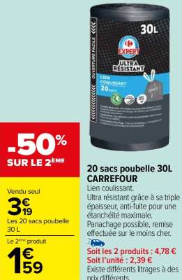 CARREFOUR 20 sacs poubelle 30L - Lien coulissant. 
Ultra résistant grâce à sa triple épaisseur, anti-fuite pour une étanchéité maximale.
Panachage possible, remise effectuée sur le moins cher.