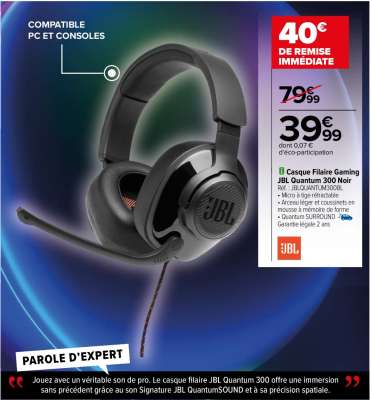 JBL Casque Filaire Gaming JBL Quantum 300 Noir - Ref : JBLQUANTUM300BL.  • Micro à tige rétractable
• Arceau léger et coussinets en mousse à mémoire de forme
• Quantum SURROUND