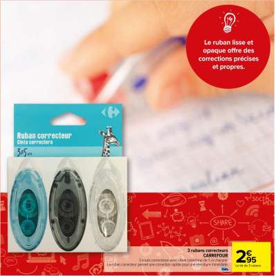 CARREFOUR 3 rubans correcteurs - 3 souris correctrices avec ruban correcteur de 5 m chacune. Le ruban correcteur permet une correction rapide pour une réécriture immédiate.