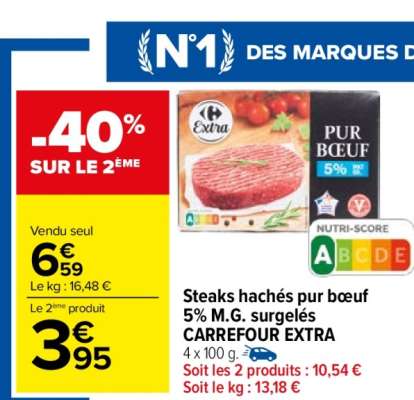 CARREFOUR EXTRA Steaks hachés pur bœuf 5% M.G. surgelés - 4 x 100 g.