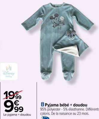 DISNEY Pyjama bébé + doudou - 95% polyester - 5% élasthanne. Différents coloris. De la naisance au 23 mois.