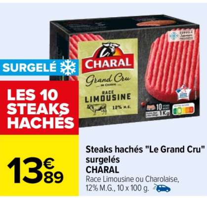 CHARAL Steaks hachés "Le Grand Cru" surgelés - Race Limousine ou Charolaise, 12% M.G., 10 x 100 g.