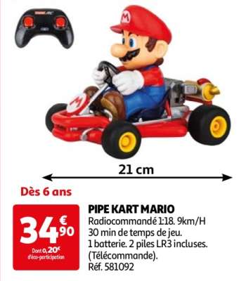 Pipe Kart Mario - Radiocommandé 1:18. 9km/H 30 min de temps de jeu. 1 batterie. 2 piles LR3 incluses. (Télécommande).
Réf. 581092