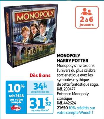 Monopoly Harry Potter - Monopoly s'invite dans l'univers du plus célèbre sorcier et joue avec les symboles mythique de cette fantastique saga. Réf. 239477