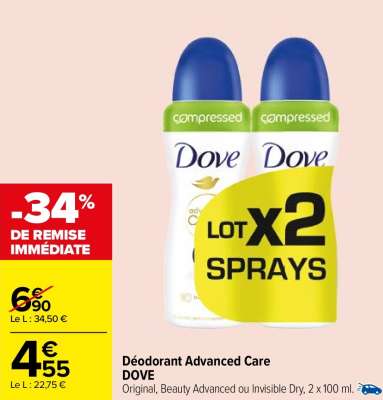 Dove Déodorant Advanced Care - Original, Beauty Advanced ou Invisible Dry, 2 x 100 ml.