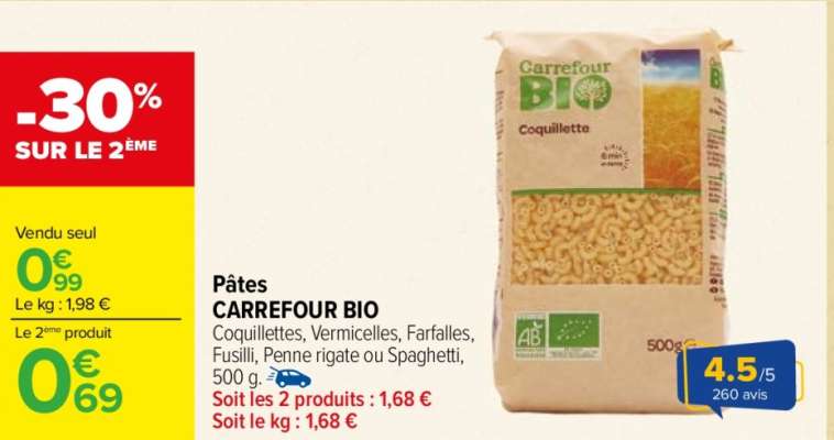 CARREFOUR BIO Pâtes - Coquillettes, Vermicelles, Farfalles, Fusilli, Penne rigate ou Spaghetti, 500 g.