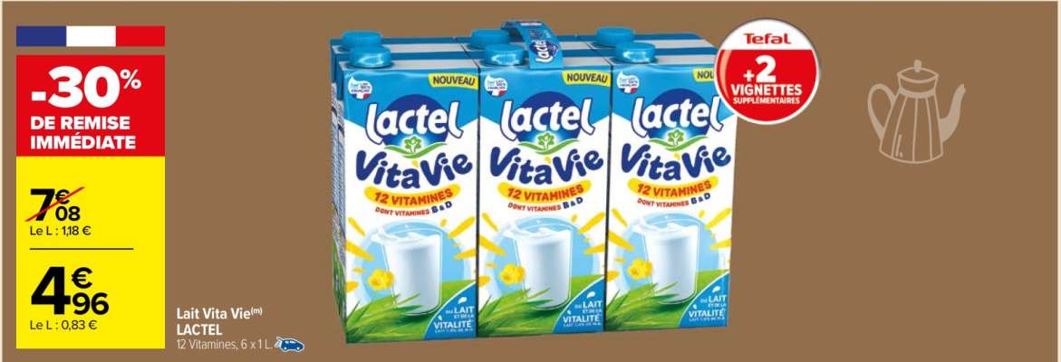 LACTEL Lait VITA'VIE - 12 Vitamines, 6 x 1 L. ORIGINE FRANCE