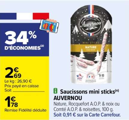 AUVERNOU Saucissons mini sticks - Nature, Rocquefort A.O.P. & noix ou Comté A.O.P. & noisettes, 100 g. ORIGINE FRANCE