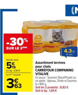 CARREFOUR COMPANINO VITALIVE Assortiment terrines pour chats - En sauce : Saumon/ Boeuf/Poulet ou en gelée : Agneau, Dinde et Saumon, 6 x 400 g.