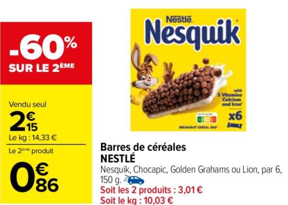 NESTLE Barres de céréales - Nesquik, Chocapic, Golden Grahams ou Lion, par 6, 150 g.