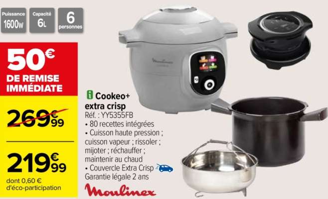 MOULINEX Cookeo+ extra crisp - Ref : YY5355FB.  • 80 recettes intégrées
• Cuisson haute pression ; cuisson vapeur ; rissoler ; mijoter ; réchauffer ; maintenir au chaud
• Couvercle Extra Crisp