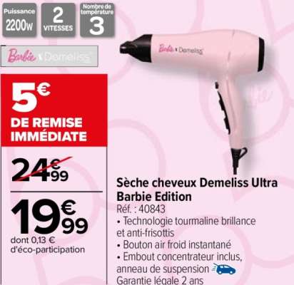 DEMELISS Sèche cheveux Demeliss Ultra Barbie Edition - Ref : 40843.  • Technologie tourmaline brillance et anti-frisottis
• Bouton air froid instantané
• Embout concentrateur inclus, anneau de suspension