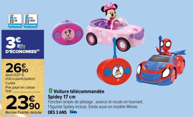 Voiture télécommandée Spidey 17 cm - Fonction simple de pilotage : avance et recule en tournant.1 figurine Spidey incluse. Existe aussi en modèle Minnie.
Dès 3 ans