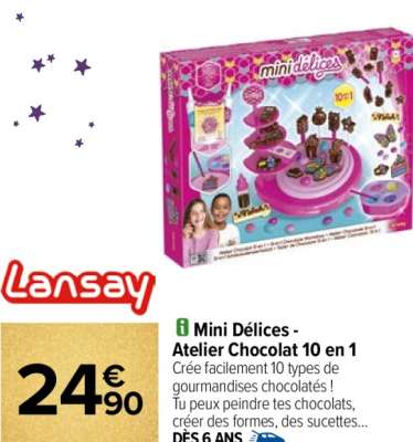 LANSAY Mini Délices - Atelier Chocolat 10 en 1 - Crée facilement 10 types de gourmandises chocolatés ! Tu peux peindre tes chocolats, créer des formes, des sucettes...
Dès 6 ans.