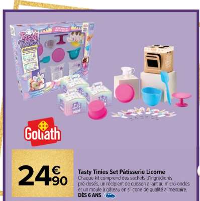 GOLIATH Tasty Tinies Set Pâtisserie Licorne - Chaque kit comprend des sachets d'ingrédients pré-dosés, un récipient de cuisson allant au micro-ondes et un moule à gâteau en silicone de qualité alimentaire.
Dès 6 ans.