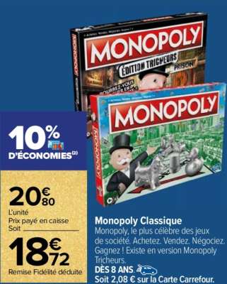 HASBRO GAMING Monopoly Classique - Monopoly, le plus célèbre des jeux de société. Achetez. Vendez. Négociez. Gagnez ! Existe en version Monopoly Tricheurs. 
Dès 8 ans.