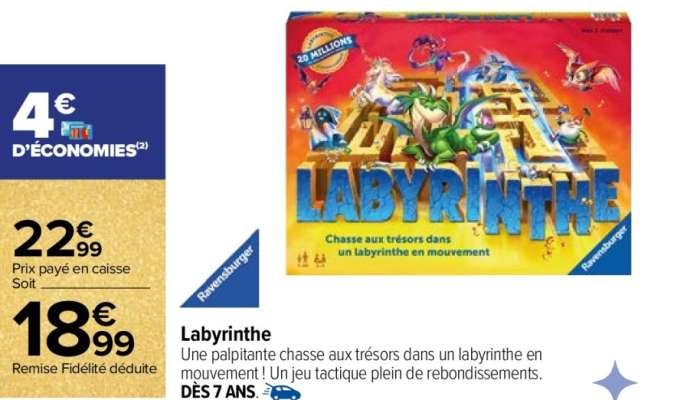 RAVENSBURGER Labyrinthe - Une palpitante chasse aux trésors dans un labyrinthe en mouvement ! Un jeu tactique plein de rebondissements. 
Dès 7 ans.