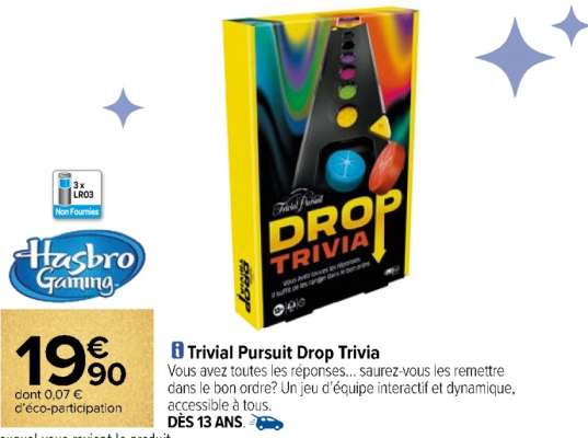 HASBRO GAMING Trivial Pursuit Drop Trivia - Vous avez toutes les réponses… saurez-vous les remettre dans le bon ordre? Un jeu d'équipe interactif et dynamique, accessible à tous.
Dès 13 ans.