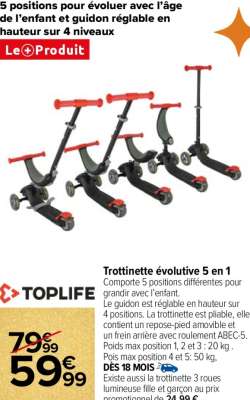 TOPLIFE Trottinette évolutive 5 en 1 - Comporte 5 positions différentes pour grandir avec l’enfant. 
Le guidon est réglable en hauteur sur 4 positions. La trottinette est pliable, elle contient un repose-pied amovible et un frein arrière avec roulement ABEC-5. 
Poids max position 1, 2 et 3 : 20 kg . 
Pois max position 4 et 5: 50 kg,
Dès 18 mois