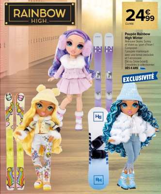 RAINBOW HIGH  Poupée Rainbow High Winter - Retrouve Skyler, Sunny et Violet au sport d’hiver ! Comprend : 1 poupée mannequin avec une tenue exclusive et 1 accessoire (Ski ou Snow board). 3 modèles à collectionner. Dès 4 ans